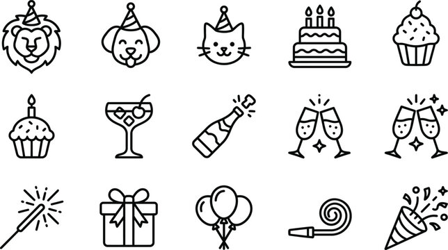 Black line icons of birthday party objects and animals