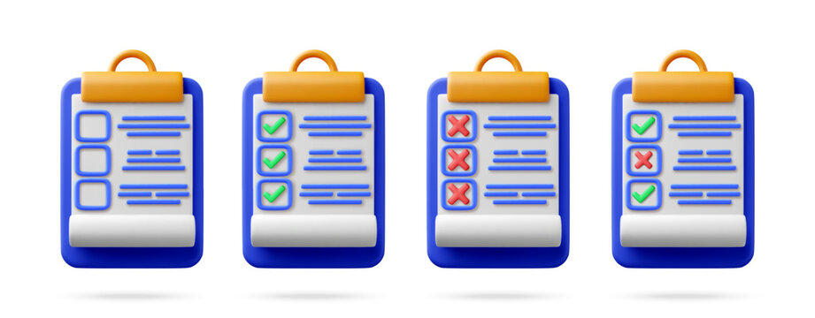 3d clipboards with checklist and survey icons. Set of document forms with tick and cross symbols. Evaluation, management, business task, and project planning concept illustration. Vector illustration