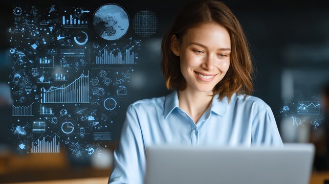 Data Analytics concept, Data Annotation, Data Analysis, Smile businessman use laptop analyzing data for competitor benchmarking and market positioning