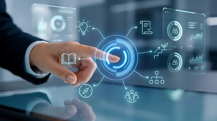 Fototapeta premium A person's hand touching a circular digital interface with various business and data charts floating in a modern high-tech office environment