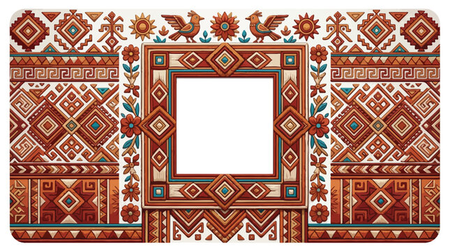 Mexican Folk Art Frame with Oaxacan Textile Patterns Geometric Zapotec Ornaments and Bird Illustrations for Greeting Cards and Invitations Background
