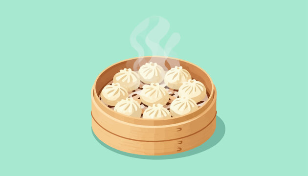 Steaming hot Chinese dim sum dumplings in a traditional bamboo steamer basket illustration