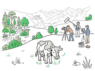 Naklejka premium Whimsical illustration of farmers working in a lush mountainous village landscape.