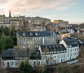 Fototapeta premium Beautiful aerial view of Greenock's waterfront in Scotland, showcasing charming residential neighborhoods