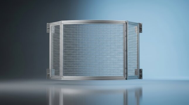 Industrial protective mesh system 3D render, safety containment barrier, reinforced mesh enclosure, machinery guarding system with airflow visibility