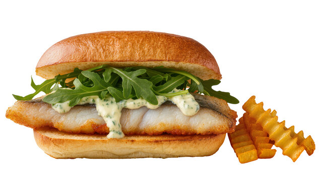 Golden brioche bun sandwich with fried fish fillet arugula and tartar sauce, isolated on transparent background