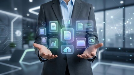 Obraz premium Businessman holding a holographic interface with floating of documents, charts, cloud storage, and folders for digital data management system