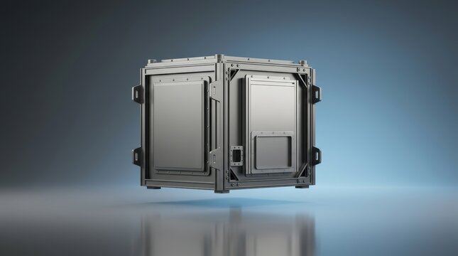 Industrial shielding enclosure 3D render, protective containment housing, reinforced isolation enclosure, equipment shielding assembly for industrial systems