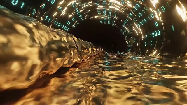 Abstract Digital Tunnel with Binary Code and Golden Flow.