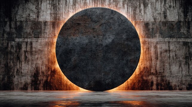 Dark circular object rests against a textured, weathered concrete wall with vibrant backlighting