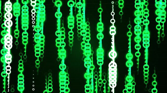 Digital rain of green binary code and abstract shapes falling
