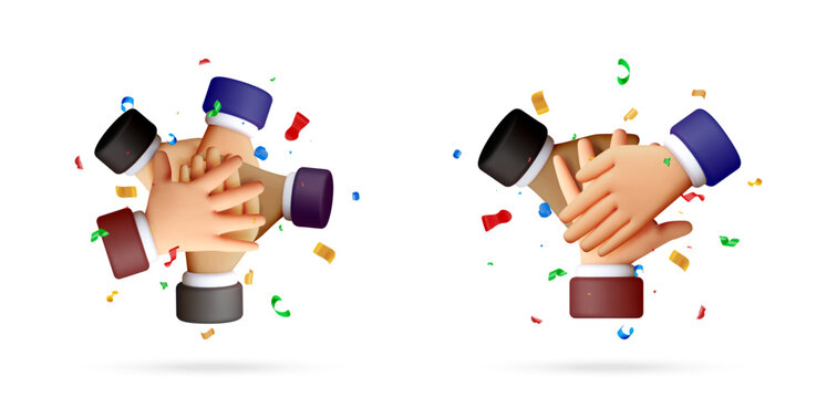 Stacked hands in 3D expressing teamwork and unity. Diverse group joining palms to celebrate collective success and cooperation. Concept for business partnership and support. Vector illustration