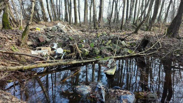 Illegal garbage dump in forest near small water pond, construction debris, plastic waste and black bags polluting natural environment, reflection of bare trees in murky water, dry autumn leaves, outdo