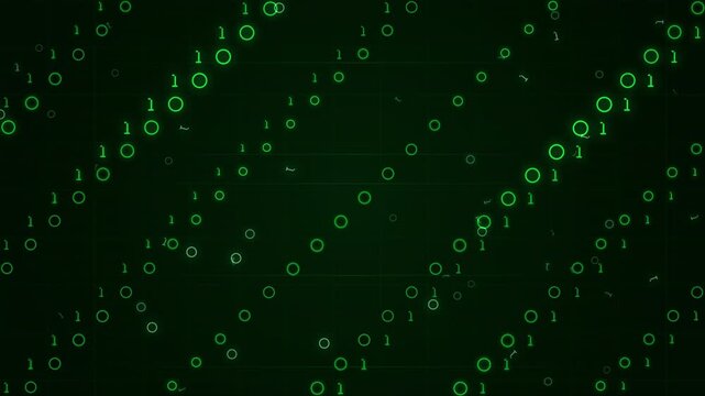 Digital binary code stream animation with glowing green numbers on dark background