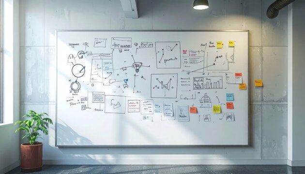 Detailed whiteboard notes and brainstorming sketches.