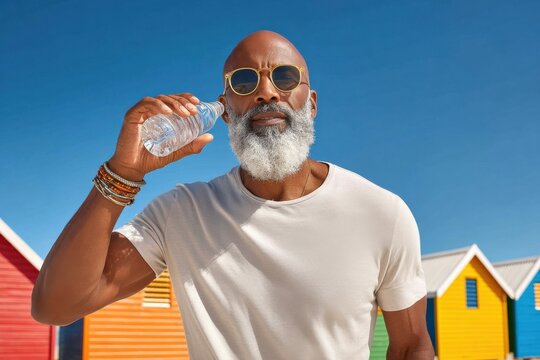 Stylish mature man with gray beard drinking water by colorful beach huts on a sunny day