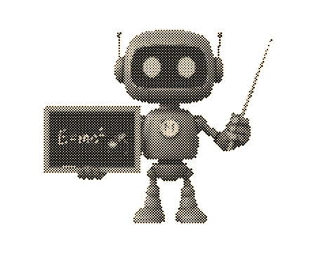 Vintage retro robot holding e-mc2 chalkboard teaching science education with halftone circle dots pattern isolated on white background