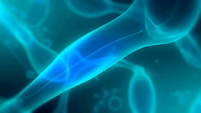 Abstract blue and turquoise light ribbons flowing across a dark atmospheric background
