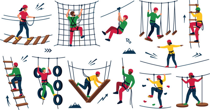Adventure Rope Course and Zip Line Activity Vector Character Set with People Climbing Nets Ladders and Obstacles for Outdoor Extreme Sports Designs