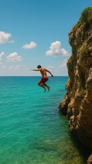 Naklejka premium Adventurous cliff jump ocean.