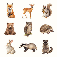 Naklejka premium Forest animal set including a fox, deer, squirrel, bear, owl, hedgehog, rabbit, and badger is presented on a plain white background.