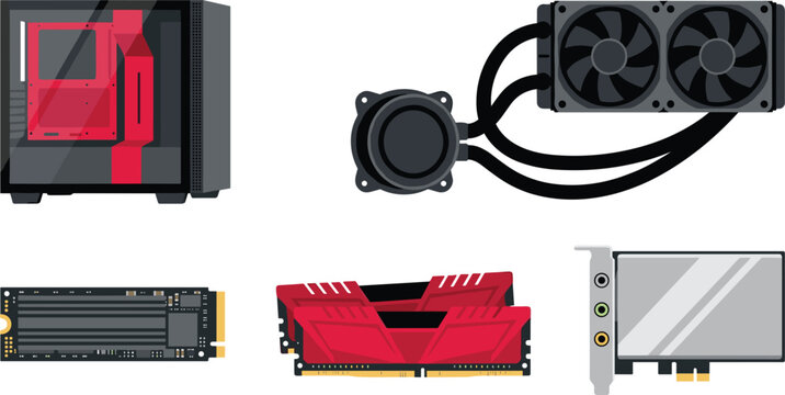 Desktop PC Gaming Hardware Components Vector Element Set with Computer Case Liquid Cooler NVMe SSD RAM Sticks and Graphics Card Designs