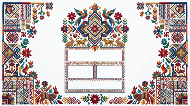 Colorful Mexican folk art frame with Oaxaca textile patterns featuring birds jaguars rabbits and flowers in a traditional embroidery style vector illustration