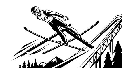 Ski jumper flying through the air after launching from a ramp, with mountains and trees. © Rifki