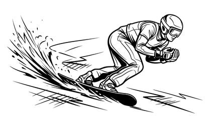 Fast male snowboarder speeding downhill and carving on a snowy mountain slope, intense winter sport action © Rifki