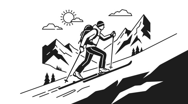 Adventurous male ski tourer ascending a snowy mountain slope on a sunny day, backcountry skiing expedition