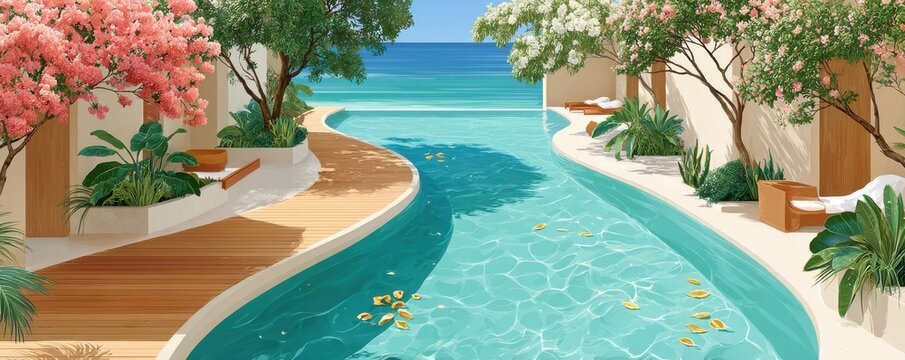 High-angle view of a bright swimming pool with ocean view, tropical deck and lush plants