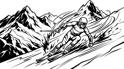 Intense downhill skier descending a steep snowy mountain slope, challenging extreme sport vector illustration. © Rifki