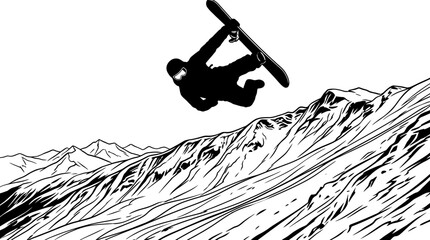 Dynamic snowboarder performing an air trick over snowy mountain slopes, black and white extreme sports vector illustration. © Rifki