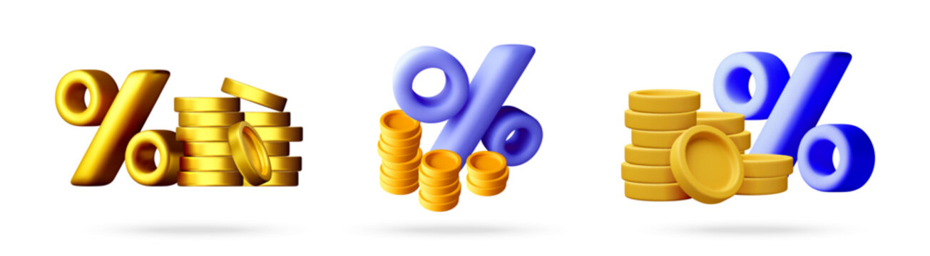 Set of 3D percent sign with gold coin stack for financial analysis. Discount and sale marketing concept for business growth. Investment profit and banking interest rate icon set. Vector illustration