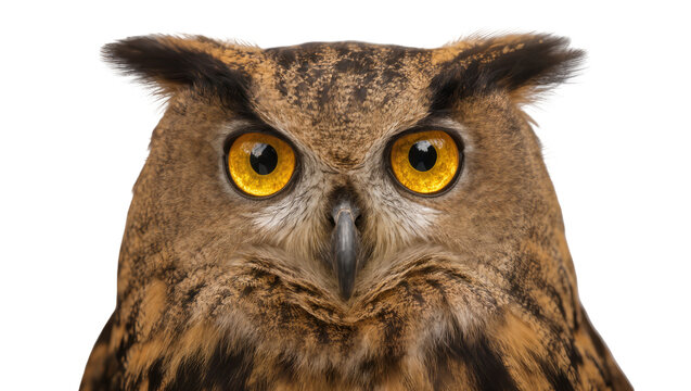 Eurasian eagle-owl close-up portrait with bright yellow eyes