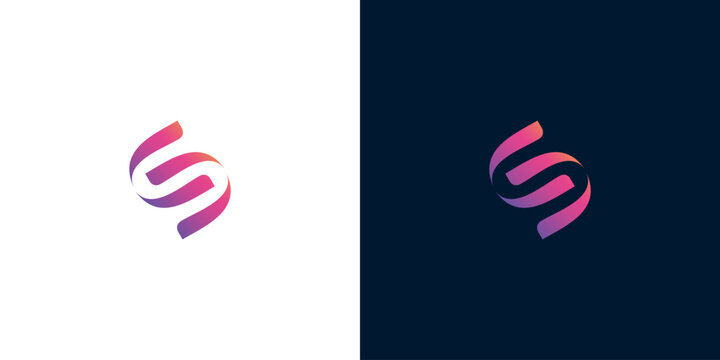 Abstract letter S logo design with colorful gradient ribbon on white and dark background