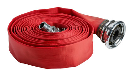 Red fire hose coiled with metal couplings © Gabriela