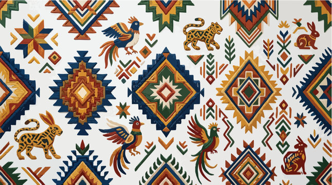 Colorful Mexican folk art pattern with Oaxacan textile motifs featuring stylized jaguars birds and rabbits in geometric diamond shapes on a white background
