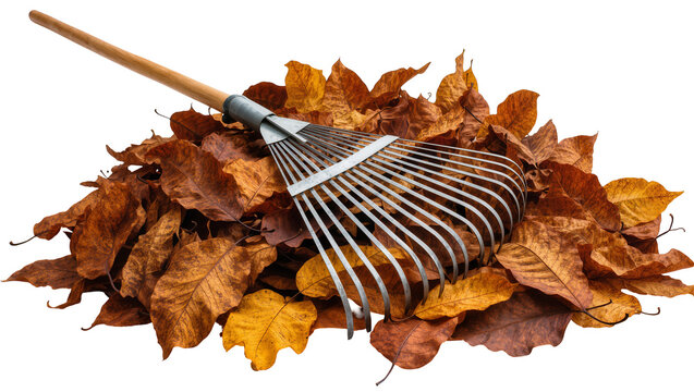 Metal leaf rake resting on pile of dry autumn leaves
