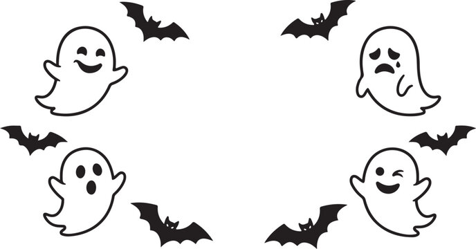 Cute ghosts and bats set for halloween decoration, vector illustration