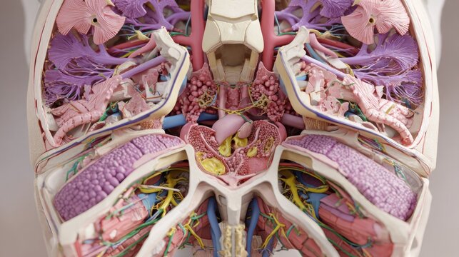 Detailed anatomical model displays intricate cross-section of internal torso structures