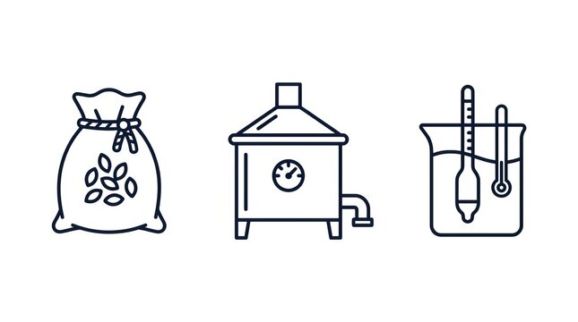 Line art icons depicting ingredients and equipment for brewing or distillation