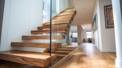 Naklejka premium Modern Floating Wooden Staircase with Glass Railing in Luxury Home Interior.