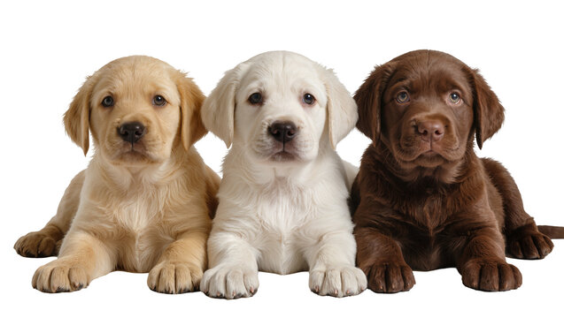 Three Labrador Retriever puppies cream white, and chocolate