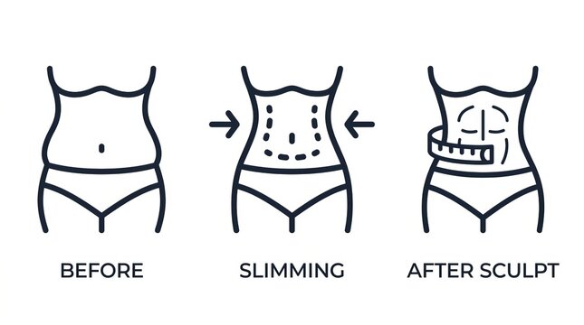 Illustration showing body transformation from before, during slimming, to after sculpting results.