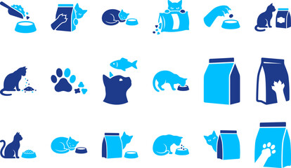 Cute cat food icons depicting felines eating and enjoying meals from bowls. © Creative BD