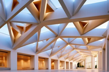 Naklejka premium Modern geometric architecture interior with patterned ceiling skylights in a spacious bright atrium lobby