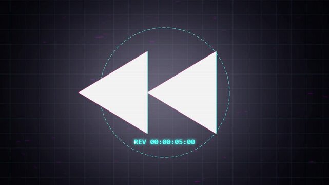 Digital rewind icon with glowing circular interface and timer display on dark background