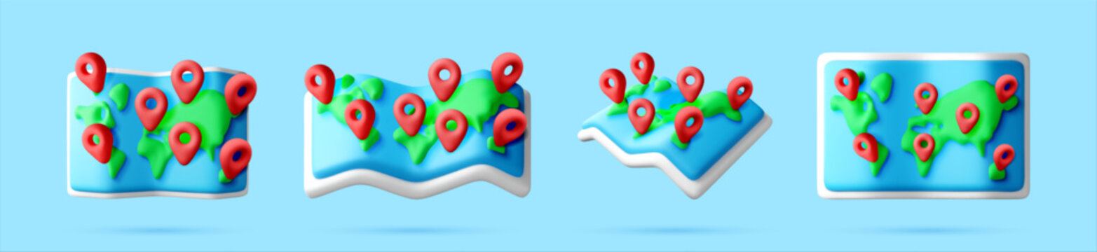 3D world map icon set with red location pins. Miniature navigation concept with continents on isolated. Travel planning, global logistics and destination search technology. Vector illustration