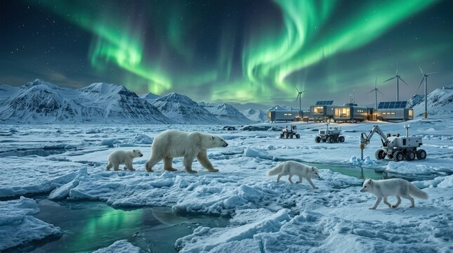 Arctic polar bears and foxes roam amidst ice floes under the mesmerizing glow of the Northern Lights, a research station in the background